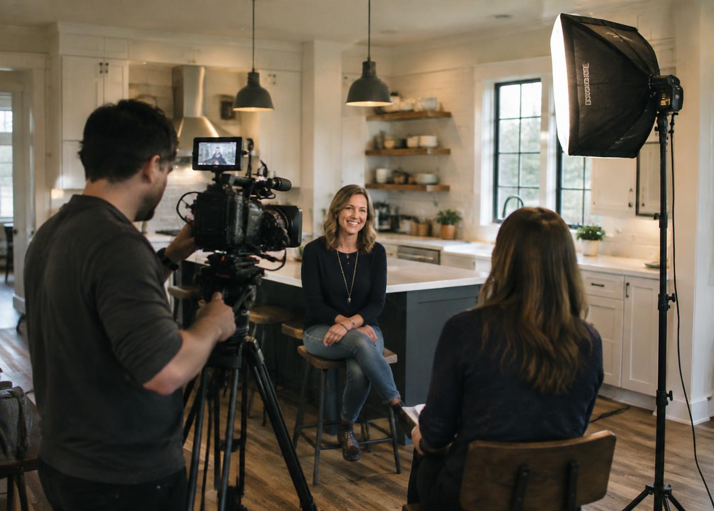 A small crew filming an interview with a homeowner in a renovated kitchen