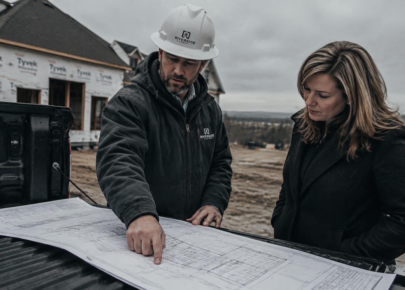 A project manager walking a homeowner through blueprints on site