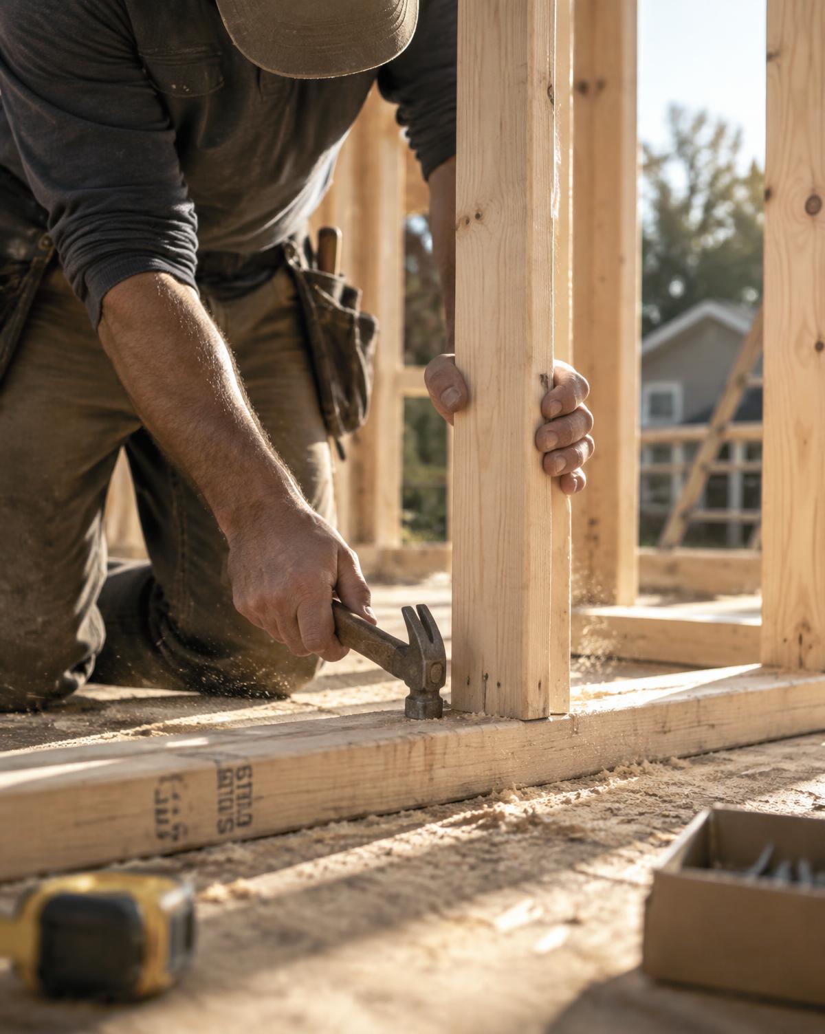 A carpenter framing a residential addition