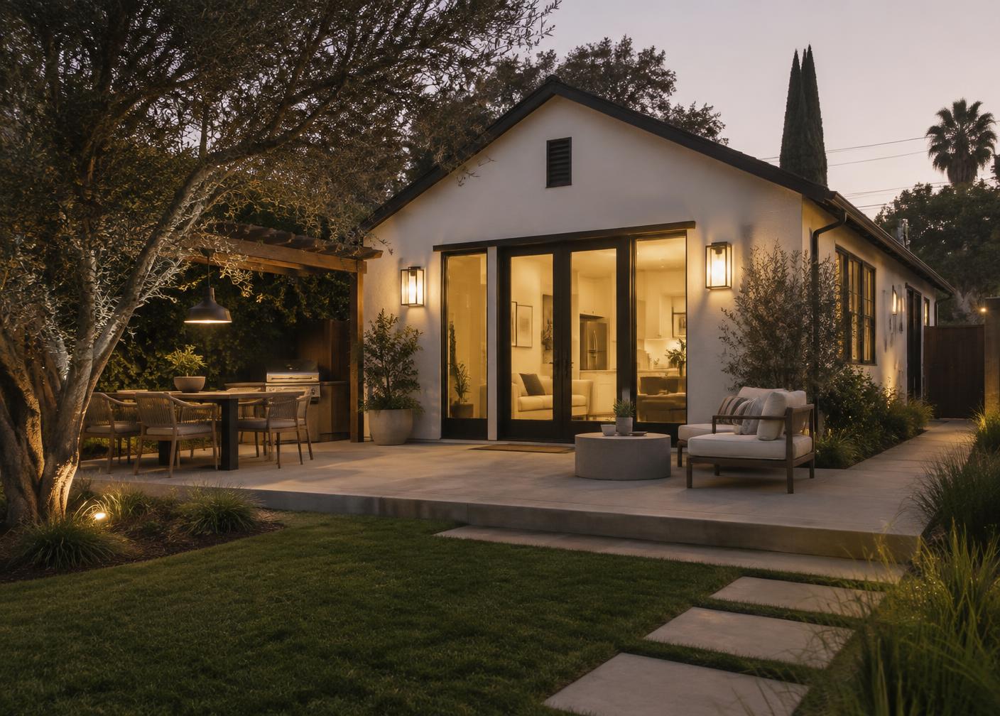 A finished backyard ADU and patio at dusk